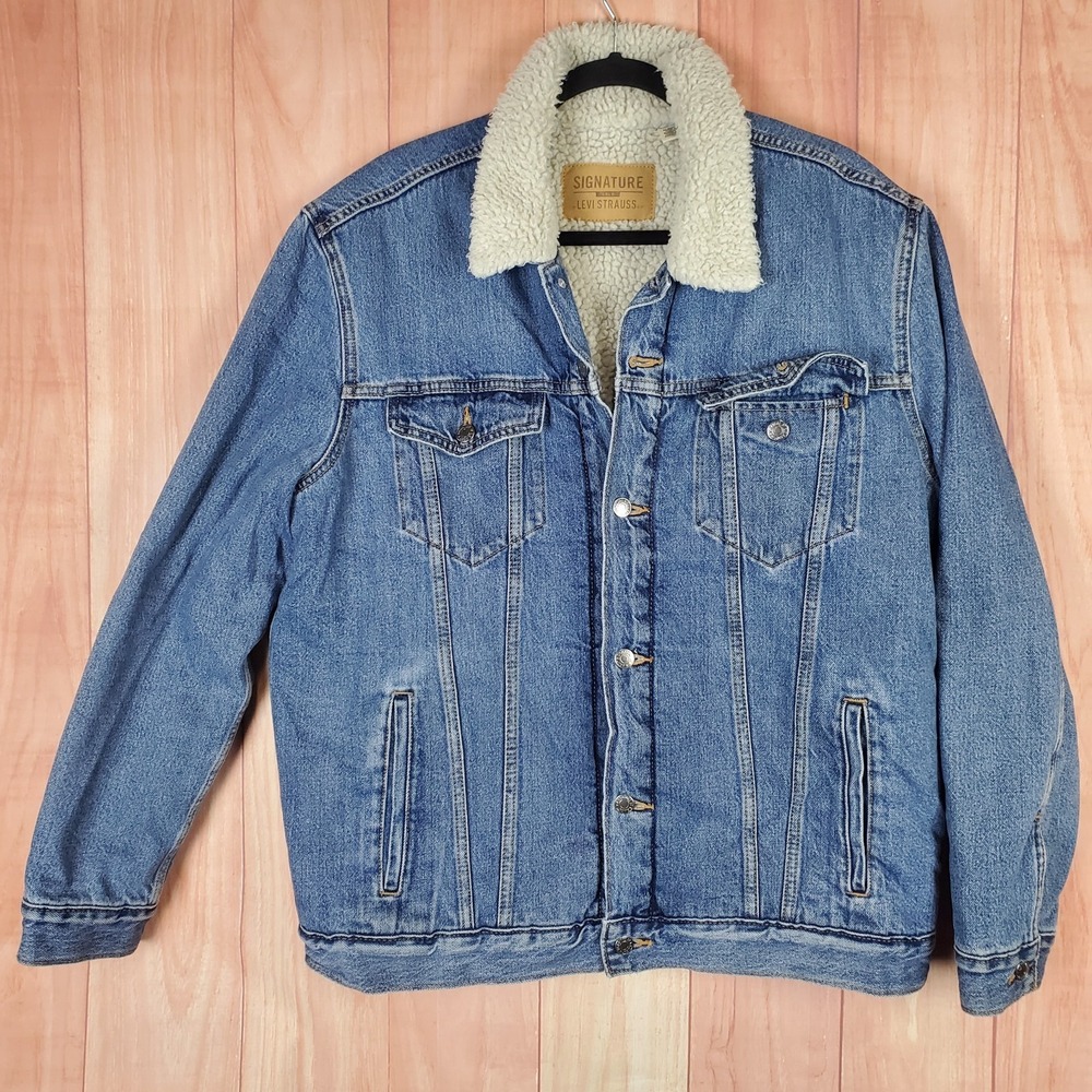 Levis Sherpa Men Trucker Jacket Large Navy Cotton Long Sleeve Pockets Button Up